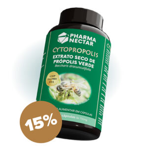 Frasco de Cytopropolis da Pharmanectar, extrato seco de própolis verde em cápsulas, com selo de 15% de desconto.