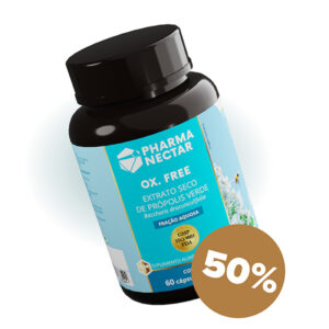 Frasco de Ox. Free da Pharmanectar, própolis verde em fração aquosa, 60 cápsulas, com selo de 50% de desconto.