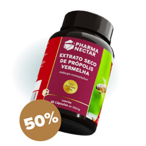 Frasco de extrato seco de própolis vermelha da Pharmanectar, 60 cápsulas, com selo de 50% de desconto.