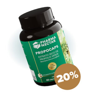 Frasco de Propocaps da Pharmanectar, extrato seco de própolis verde, 60 cápsulas, com selo de 20% de desconto.