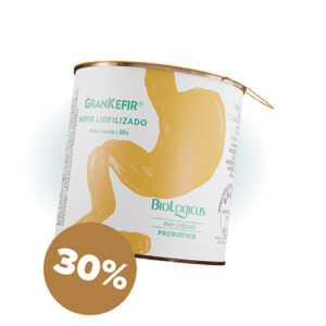 Pote de GranKefir, kefir liofilizado probiótico da BioLogicus, 50g, com selo de 30% de desconto.