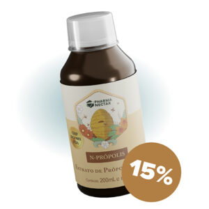 Frasco de N-Própolis da Pharmanectar, extrato de própolis líquido, 200 mL, com selo de 15% de desconto.